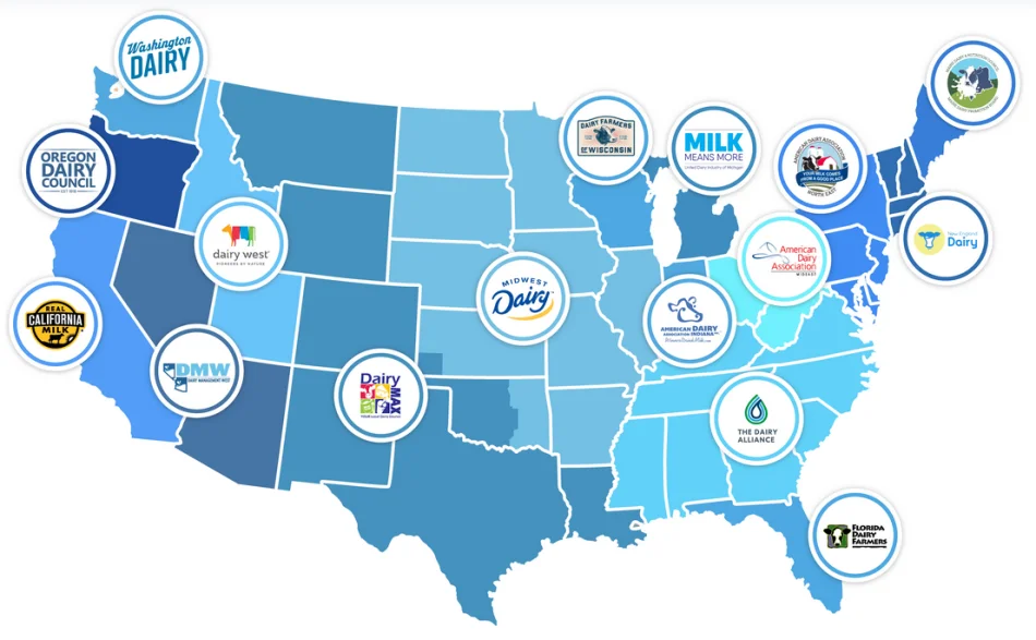 Map of the United States showing local dairy council regions
